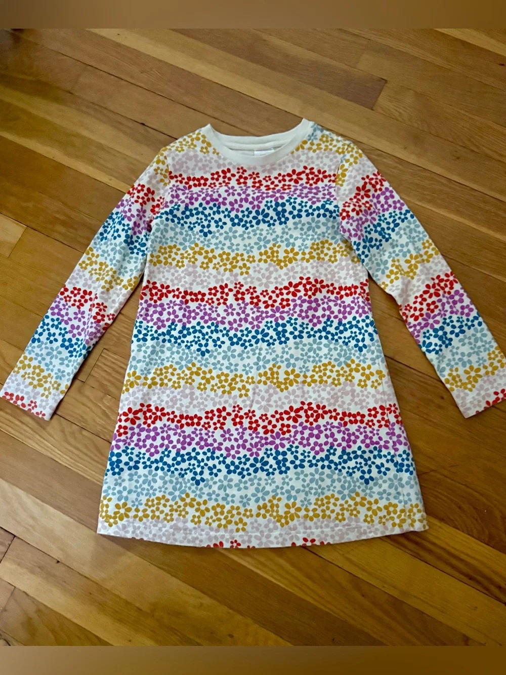Hanna Andersson 120/6-7 Floral Rainbow on Ecru Long Sleeve T-Shirt Dress